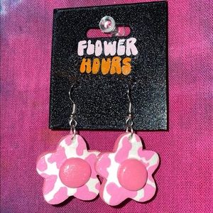 Handmade strawberry cow flower puff earrings!